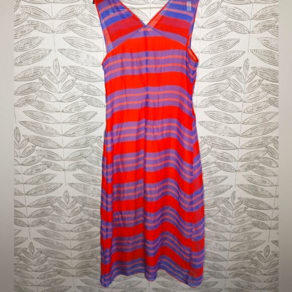 Lewit Dress Midi V Neck Silk Sunset Stripes - Picture 1 of 7